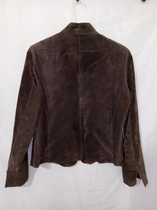 Vintage 90s Anne Klein Suede Leather Jacket Brown Mandarin Collar Button Front M - Picture 6 of 11